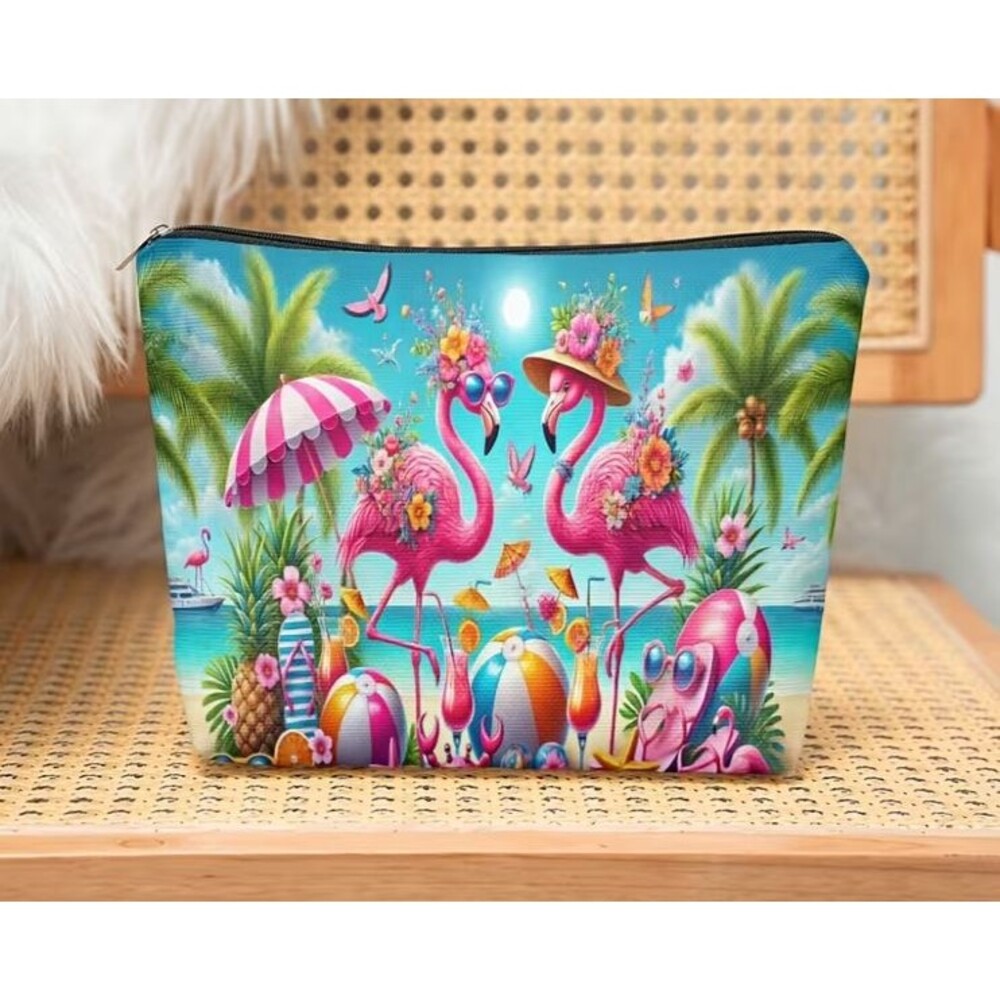 Flamingos on the Beach Canvas Makeup Bag Cosmetic Tote Lightweight Travel Gift